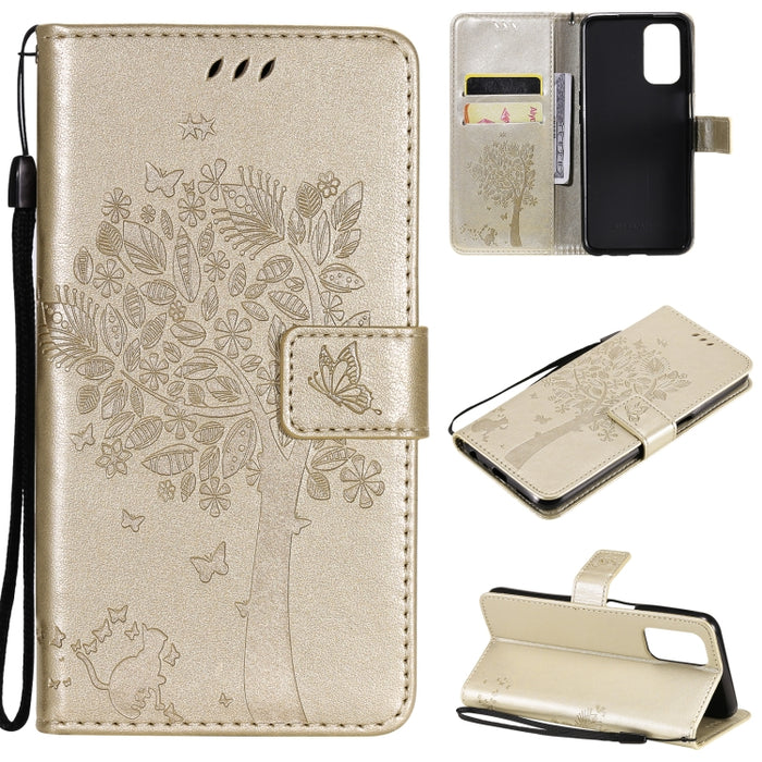Estuche de cuero de PU con tapa horizontal con estampado prensado de patrón de árbol y gato con soporte y ranuras para tarjetas y billetera y cordón, For LG Stylo 7 5G / 4G, For OPPO F19 / A74 4G, For OPPO A93 5G / A74 5G                               ...