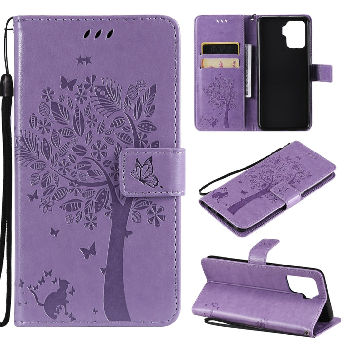 Estuche de cuero de PU con tapa horizontal con estampado prensado de patrón de árbol y gato con soporte y ranuras para tarjetas y billetera y cordón, For LG Stylo 7 5G / 4G, For OPPO F19 / A74 4G, For OPPO A93 5G / A74 5G                               ...