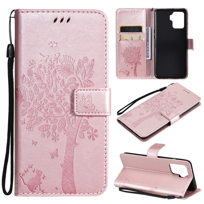 Estuche de cuero de PU con tapa horizontal con estampado prensado de patrón de árbol y gato con soporte y ranuras para tarjetas y billetera y cordón, For LG Stylo 7 5G / 4G, For OPPO F19 / A74 4G, For OPPO A93 5G / A74 5G                               ...