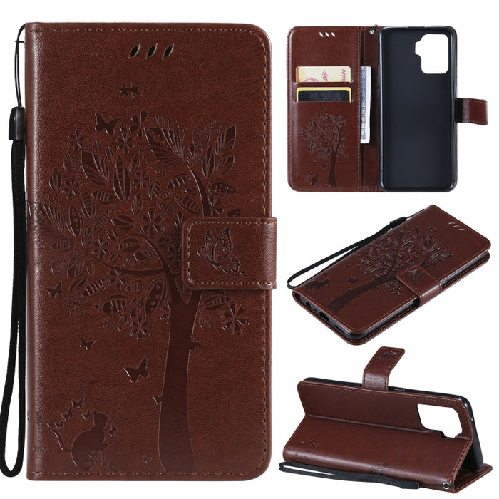 Estuche de cuero de PU con tapa horizontal con estampado prensado de patrón de árbol y gato con soporte y ranuras para tarjetas y billetera y cordón, For LG Stylo 7 5G / 4G, For OPPO F19 / A74 4G, For OPPO A93 5G / A74 5G                               ...