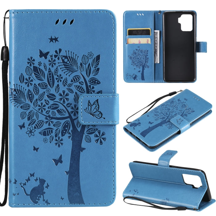 Estuche de cuero de PU con tapa horizontal con estampado prensado de patrón de árbol y gato con soporte y ranuras para tarjetas y billetera y cordón, For LG Stylo 7 5G / 4G, For OPPO F19 / A74 4G, For OPPO A93 5G / A74 5G                               ...