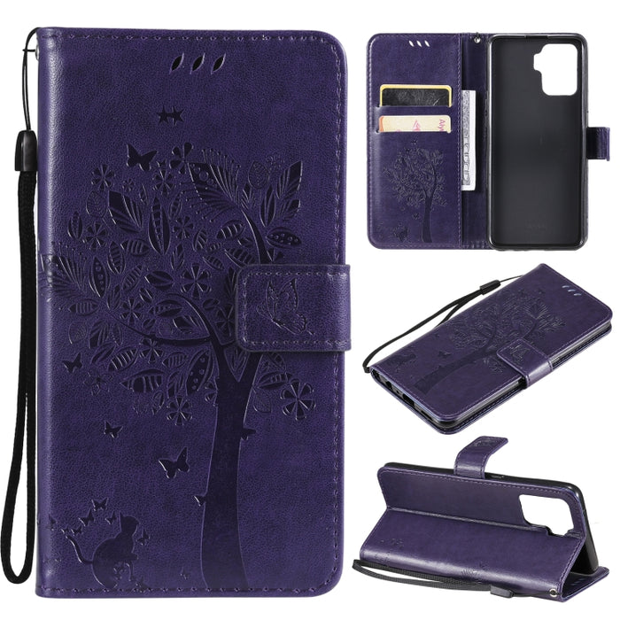 Estuche de cuero de PU con tapa horizontal con estampado prensado de patrón de árbol y gato con soporte y ranuras para tarjetas y billetera y cordón, For LG Stylo 7 5G / 4G, For OPPO F19 / A74 4G, For OPPO A93 5G / A74 5G                               ...