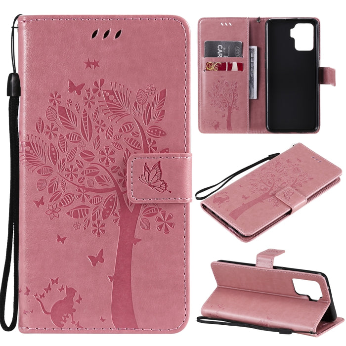 Estuche de cuero de PU con tapa horizontal con estampado prensado de patrón de árbol y gato con soporte y ranuras para tarjetas y billetera y cordón, For LG Stylo 7 5G / 4G, For OPPO F19 / A74 4G, For OPPO A93 5G / A74 5G                               ...