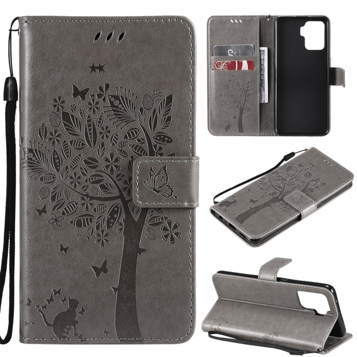 Estuche de cuero de PU con tapa horizontal con estampado prensado de patrón de árbol y gato con soporte y ranuras para tarjetas y billetera y cordón, For LG Stylo 7 5G / 4G, For OPPO F19 / A74 4G, For OPPO A93 5G / A74 5G                               ...