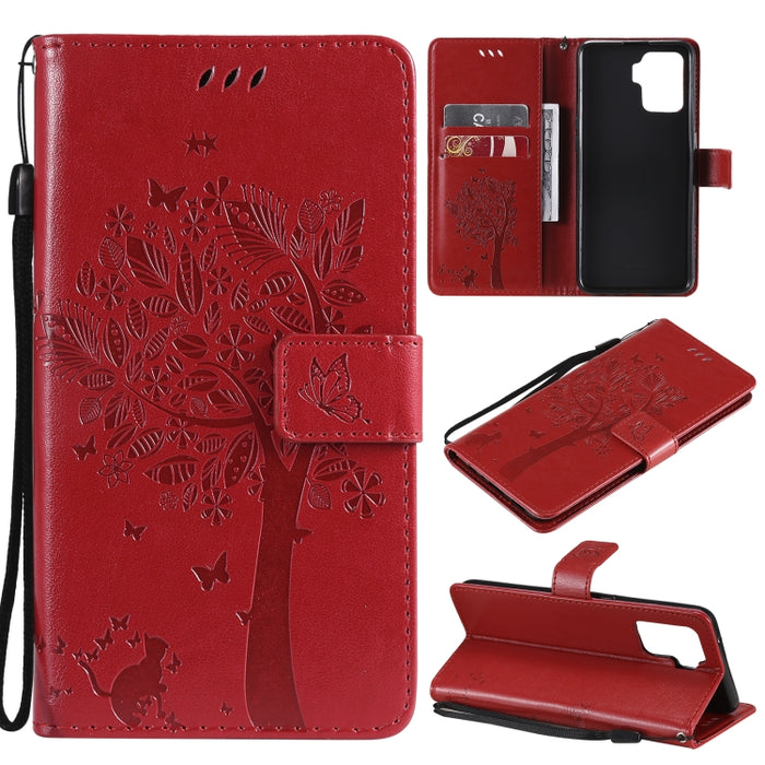 Estuche de cuero de PU con tapa horizontal con estampado prensado de patrón de árbol y gato con soporte y ranuras para tarjetas y billetera y cordón, For LG Stylo 7 5G / 4G, For OPPO F19 / A74 4G, For OPPO A93 5G / A74 5G                               ...