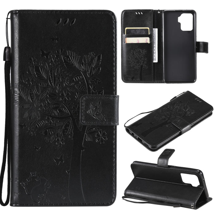 Estuche de cuero de PU con tapa horizontal con estampado prensado de patrón de árbol y gato con soporte y ranuras para tarjetas y billetera y cordón, For LG Stylo 7 5G / 4G, For OPPO F19 / A74 4G, For OPPO A93 5G / A74 5G                               ...