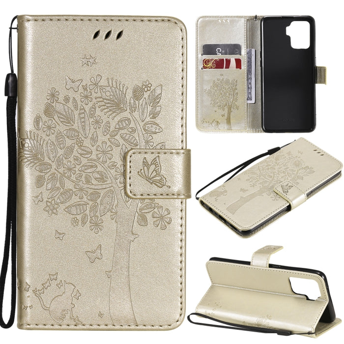 Estuche de cuero de PU con tapa horizontal con estampado prensado de patrón de árbol y gato con soporte y ranuras para tarjetas y billetera y cordón, For LG Stylo 7 5G / 4G, For OPPO F19 / A74 4G, For OPPO A93 5G / A74 5G                               ...