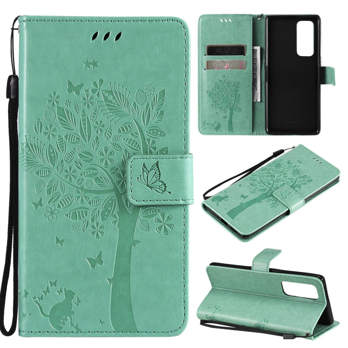 Estuche de cuero de PU con tapa horizontal con estampado prensado de patrón de árbol y gato con soporte y ranuras para tarjetas y billetera y cordón, For LG Stylo 7 5G / 4G, For OPPO F19 / A74 4G, For OPPO A93 5G / A74 5G                               ...