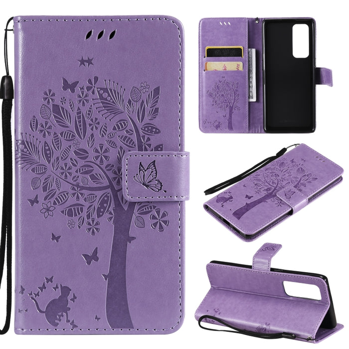 Estuche de cuero de PU con tapa horizontal con estampado prensado de patrón de árbol y gato con soporte y ranuras para tarjetas y billetera y cordón, For LG Stylo 7 5G / 4G, For OPPO F19 / A74 4G, For OPPO A93 5G / A74 5G                               ...