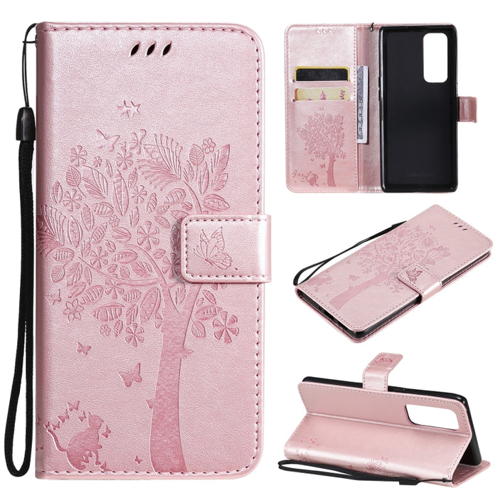 Estuche de cuero de PU con tapa horizontal con estampado prensado de patrón de árbol y gato con soporte y ranuras para tarjetas y billetera y cordón, For LG Stylo 7 5G / 4G, For OPPO F19 / A74 4G, For OPPO A93 5G / A74 5G                               ...