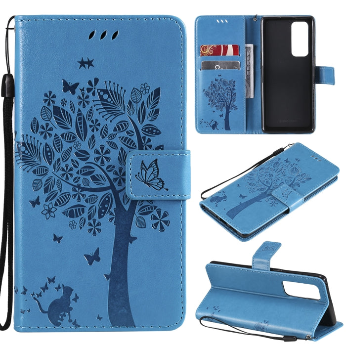 Estuche de cuero de PU con tapa horizontal con estampado prensado de patrón de árbol y gato con soporte y ranuras para tarjetas y billetera y cordón, For LG Stylo 7 5G / 4G, For OPPO F19 / A74 4G, For OPPO A93 5G / A74 5G                               ...