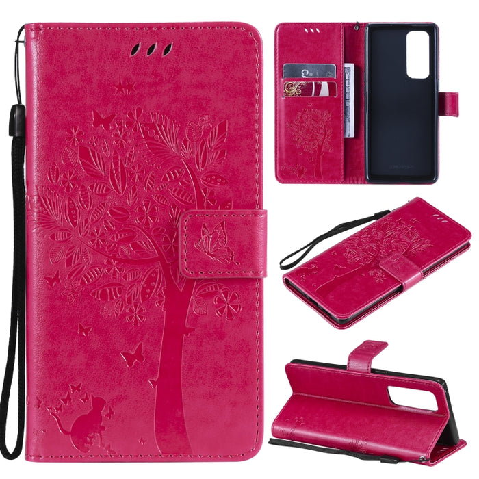 Estuche de cuero de PU con tapa horizontal con estampado prensado de patrón de árbol y gato con soporte y ranuras para tarjetas y billetera y cordón, For LG Stylo 7 5G / 4G, For OPPO F19 / A74 4G, For OPPO A93 5G / A74 5G                               ...