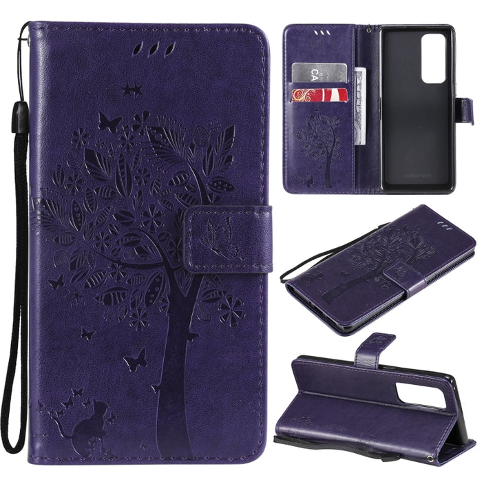 Estuche de cuero de PU con tapa horizontal con estampado prensado de patrón de árbol y gato con soporte y ranuras para tarjetas y billetera y cordón, For LG Stylo 7 5G / 4G, For OPPO F19 / A74 4G, For OPPO A93 5G / A74 5G                               ...