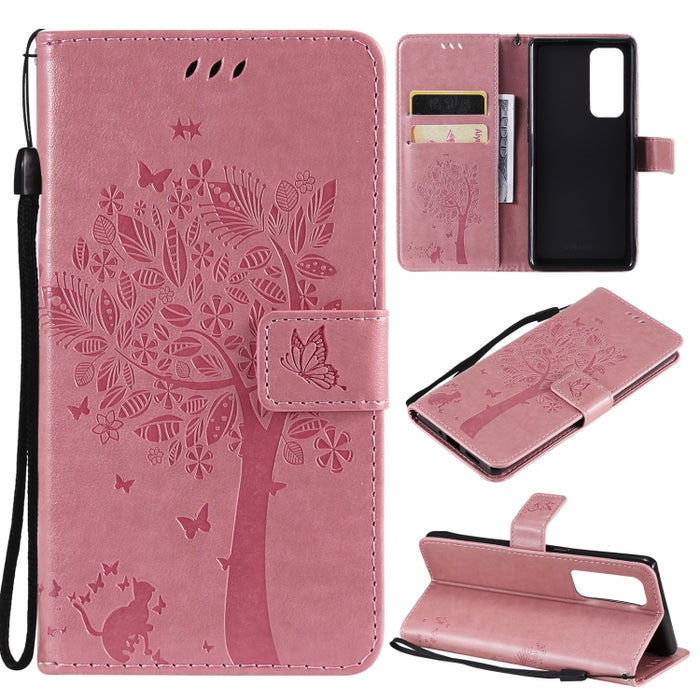 Estuche de cuero de PU con tapa horizontal con estampado prensado de patrón de árbol y gato con soporte y ranuras para tarjetas y billetera y cordón, For LG Stylo 7 5G / 4G, For OPPO F19 / A74 4G, For OPPO A93 5G / A74 5G                               ...