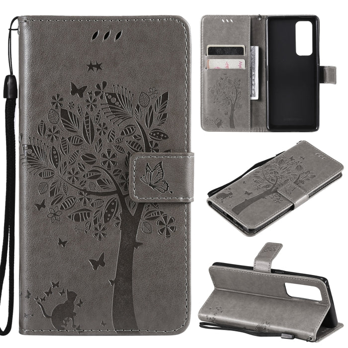 Estuche de cuero de PU con tapa horizontal con estampado prensado de patrón de árbol y gato con soporte y ranuras para tarjetas y billetera y cordón, For LG Stylo 7 5G / 4G, For OPPO F19 / A74 4G, For OPPO A93 5G / A74 5G                               ...