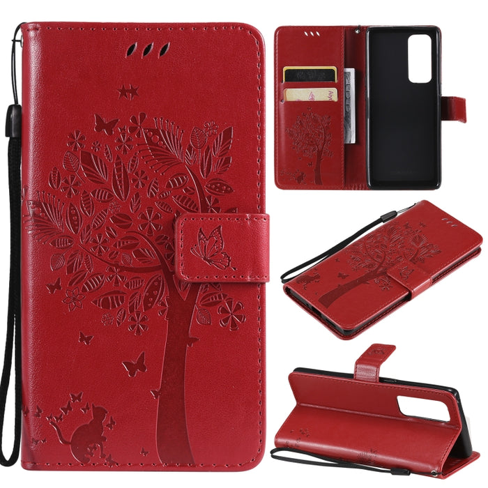Estuche de cuero de PU con tapa horizontal con estampado prensado de patrón de árbol y gato con soporte y ranuras para tarjetas y billetera y cordón, For LG Stylo 7 5G / 4G, For OPPO F19 / A74 4G, For OPPO A93 5G / A74 5G                               ...