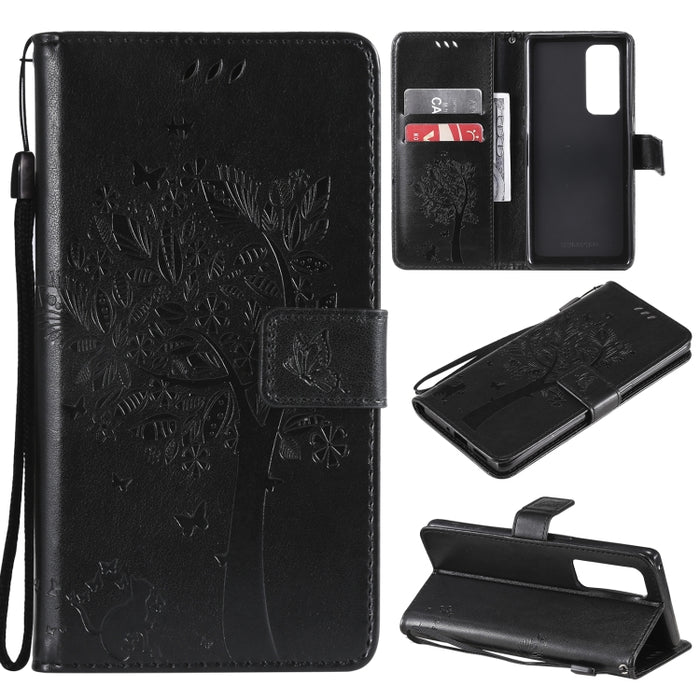 Estuche de cuero de PU con tapa horizontal con estampado prensado de patrón de árbol y gato con soporte y ranuras para tarjetas y billetera y cordón, For LG Stylo 7 5G / 4G, For OPPO F19 / A74 4G, For OPPO A93 5G / A74 5G                               ...