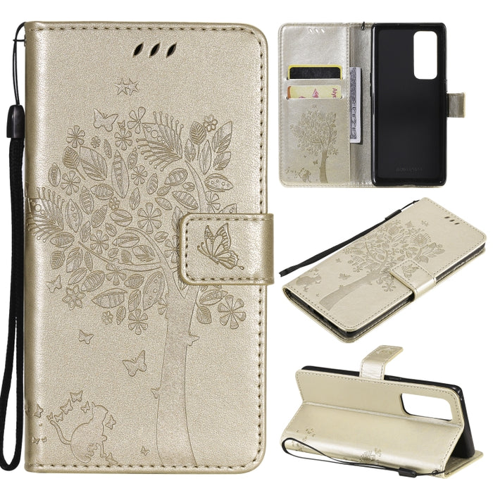 Estuche de cuero de PU con tapa horizontal con estampado prensado de patrón de árbol y gato con soporte y ranuras para tarjetas y billetera y cordón, For LG Stylo 7 5G / 4G, For OPPO F19 / A74 4G, For OPPO A93 5G / A74 5G                               ...