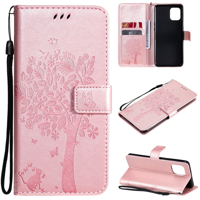 Estuche de cuero de PU con tapa horizontal con estampado prensado de patrón de árbol y gato con soporte y ranuras para tarjetas y billetera y cordón, For LG Stylo 7 5G / 4G, For OPPO F19 / A74 4G, For OPPO A93 5G / A74 5G                               ...