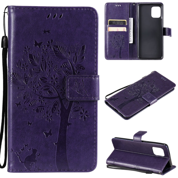 Estuche de cuero de PU con tapa horizontal con estampado prensado de patrón de árbol y gato con soporte y ranuras para tarjetas y billetera y cordón, For LG Stylo 7 5G / 4G, For OPPO F19 / A74 4G, For OPPO A93 5G / A74 5G                               ...