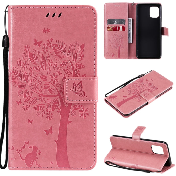Estuche de cuero de PU con tapa horizontal con estampado prensado de patrón de árbol y gato con soporte y ranuras para tarjetas y billetera y cordón, For LG Stylo 7 5G / 4G, For OPPO F19 / A74 4G, For OPPO A93 5G / A74 5G                               ...