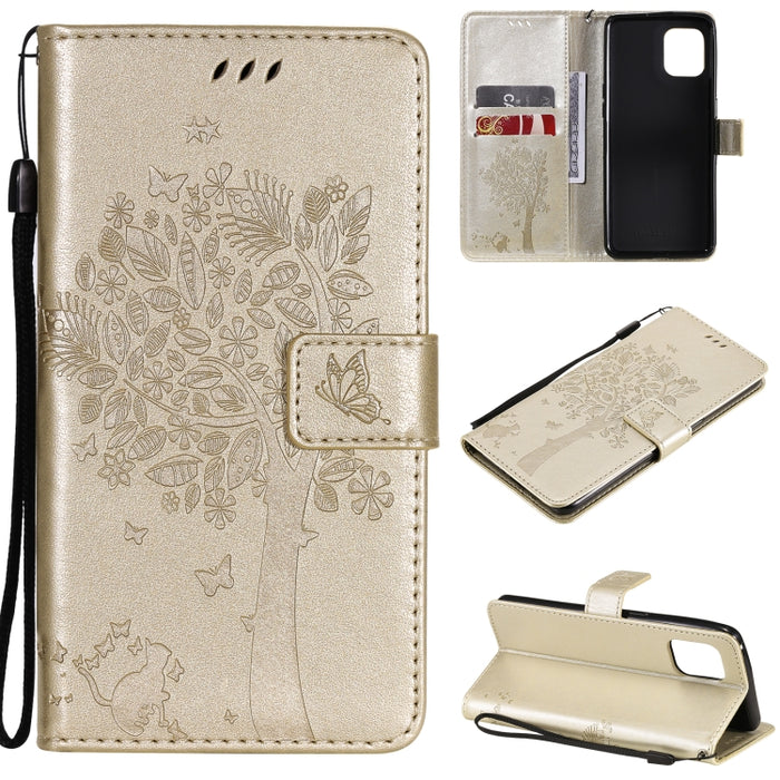 Estuche de cuero de PU con tapa horizontal con estampado prensado de patrón de árbol y gato con soporte y ranuras para tarjetas y billetera y cordón, For LG Stylo 7 5G / 4G, For OPPO F19 / A74 4G, For OPPO A93 5G / A74 5G                               ...
