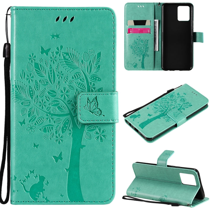 Estuche de cuero de PU con tapa horizontal con estampado prensado de patrón de árbol y gato con soporte y ranuras para tarjetas y billetera y cordón, For LG Stylo 7 5G / 4G, For OPPO F19 / A74 4G, For OPPO A93 5G / A74 5G                               ...