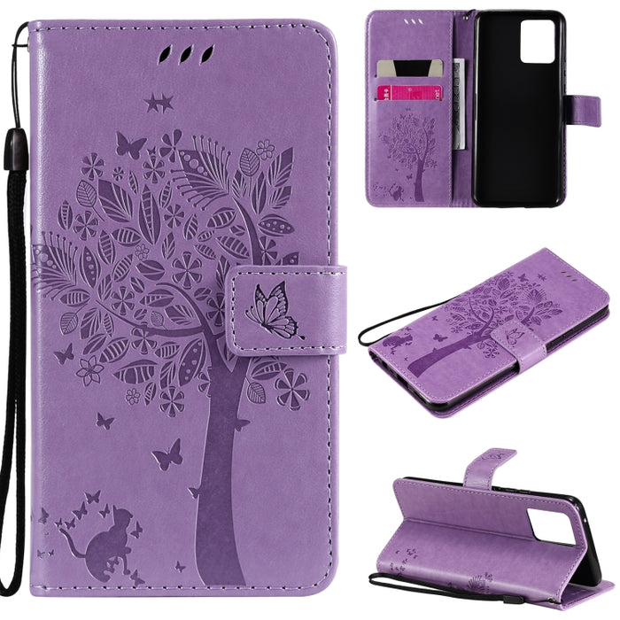Estuche de cuero de PU con tapa horizontal con estampado prensado de patrón de árbol y gato con soporte y ranuras para tarjetas y billetera y cordón, For LG Stylo 7 5G / 4G, For OPPO F19 / A74 4G, For OPPO A93 5G / A74 5G                               ...