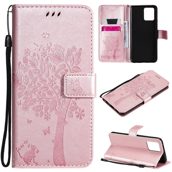 Estuche de cuero de PU con tapa horizontal con estampado prensado de patrón de árbol y gato con soporte y ranuras para tarjetas y billetera y cordón, For LG Stylo 7 5G / 4G, For OPPO F19 / A74 4G, For OPPO A93 5G / A74 5G                               ...