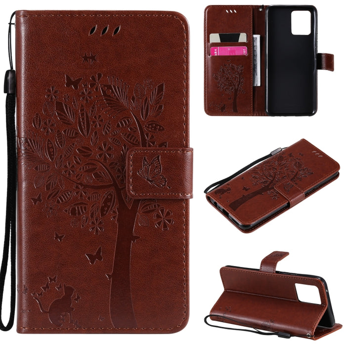 Estuche de cuero de PU con tapa horizontal con estampado prensado de patrón de árbol y gato con soporte y ranuras para tarjetas y billetera y cordón, For LG Stylo 7 5G / 4G, For OPPO F19 / A74 4G, For OPPO A93 5G / A74 5G                               ...