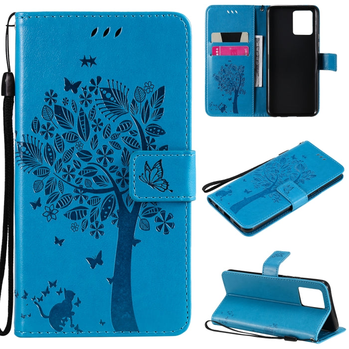 Estuche de cuero de PU con tapa horizontal con estampado prensado de patrón de árbol y gato con soporte y ranuras para tarjetas y billetera y cordón, For LG Stylo 7 5G / 4G, For OPPO F19 / A74 4G, For OPPO A93 5G / A74 5G                               ...