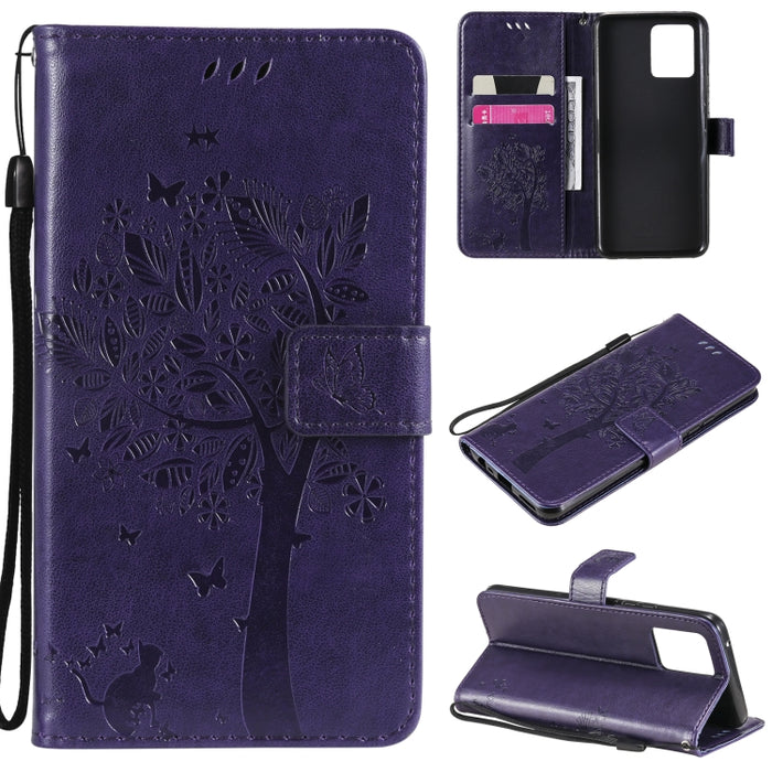 Estuche de cuero de PU con tapa horizontal con estampado prensado de patrón de árbol y gato con soporte y ranuras para tarjetas y billetera y cordón, For LG Stylo 7 5G / 4G, For OPPO F19 / A74 4G, For OPPO A93 5G / A74 5G                               ...