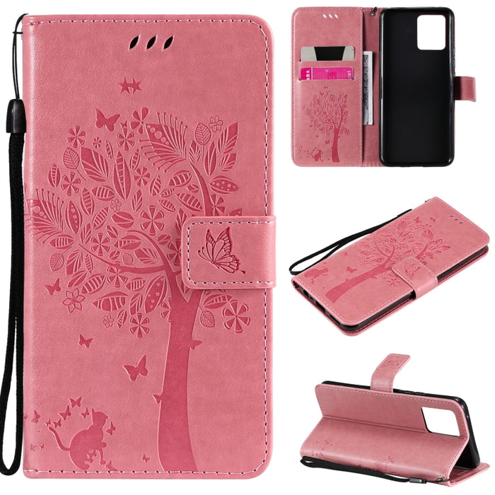 Estuche de cuero de PU con tapa horizontal con estampado prensado de patrón de árbol y gato con soporte y ranuras para tarjetas y billetera y cordón, For LG Stylo 7 5G / 4G, For OPPO F19 / A74 4G, For OPPO A93 5G / A74 5G                               ...