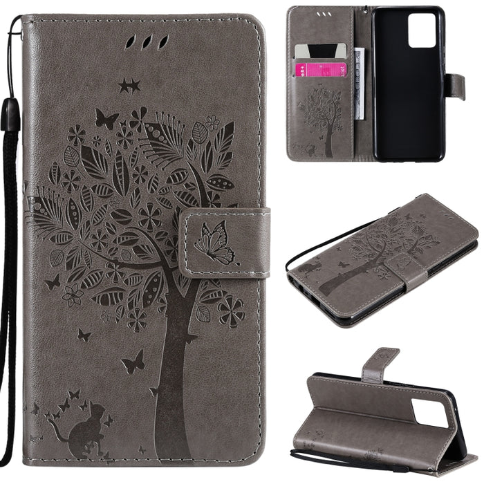 Estuche de cuero de PU con tapa horizontal con estampado prensado de patrón de árbol y gato con soporte y ranuras para tarjetas y billetera y cordón, For LG Stylo 7 5G / 4G, For OPPO F19 / A74 4G, For OPPO A93 5G / A74 5G                               ...