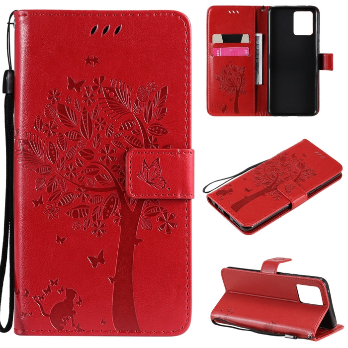 Estuche de cuero de PU con tapa horizontal con estampado prensado de patrón de árbol y gato con soporte y ranuras para tarjetas y billetera y cordón, For LG Stylo 7 5G / 4G, For OPPO F19 / A74 4G, For OPPO A93 5G / A74 5G                               ...