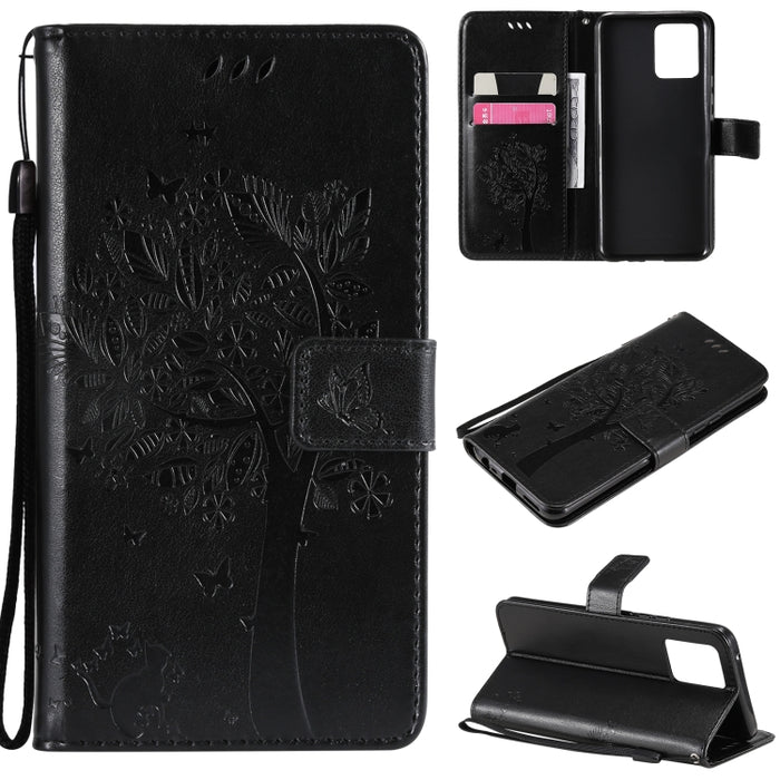 Estuche de cuero de PU con tapa horizontal con estampado prensado de patrón de árbol y gato con soporte y ranuras para tarjetas y billetera y cordón, For LG Stylo 7 5G / 4G, For OPPO F19 / A74 4G, For OPPO A93 5G / A74 5G                               ...