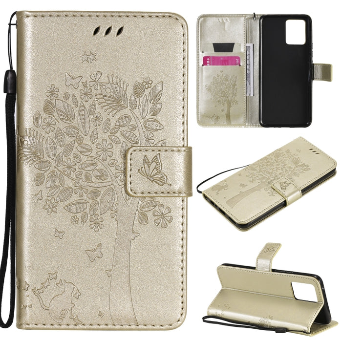 Estuche de cuero de PU con tapa horizontal con estampado prensado de patrón de árbol y gato con soporte y ranuras para tarjetas y billetera y cordón, For LG Stylo 7 5G / 4G, For OPPO F19 / A74 4G, For OPPO A93 5G / A74 5G                               ...