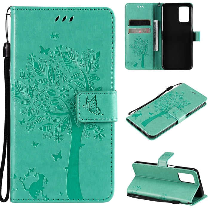 Estuche de cuero de PU con tapa horizontal con estampado prensado de patrón de árbol y gato con soporte y ranuras para tarjetas y billetera y cordón, For LG Stylo 7 5G / 4G, For OPPO F19 / A74 4G, For OPPO A93 5G / A74 5G                               ...