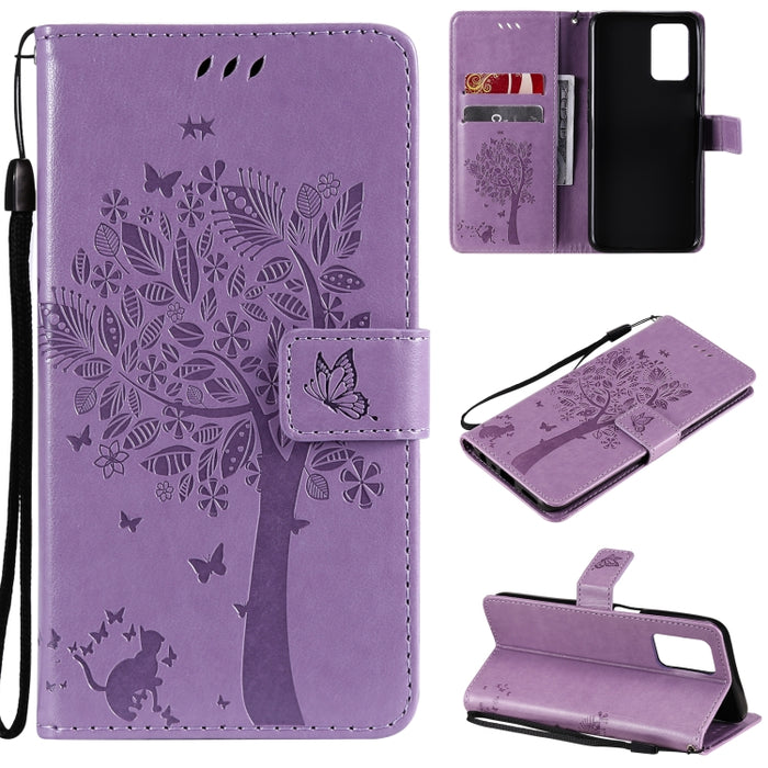 Estuche de cuero de PU con tapa horizontal con estampado prensado de patrón de árbol y gato con soporte y ranuras para tarjetas y billetera y cordón, For LG Stylo 7 5G / 4G, For OPPO F19 / A74 4G, For OPPO A93 5G / A74 5G                               ...