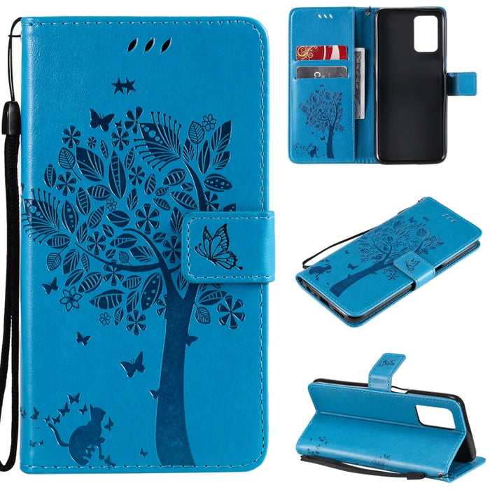 Estuche de cuero de PU con tapa horizontal con estampado prensado de patrón de árbol y gato con soporte y ranuras para tarjetas y billetera y cordón, For LG Stylo 7 5G / 4G, For OPPO F19 / A74 4G, For OPPO A93 5G / A74 5G                               ...
