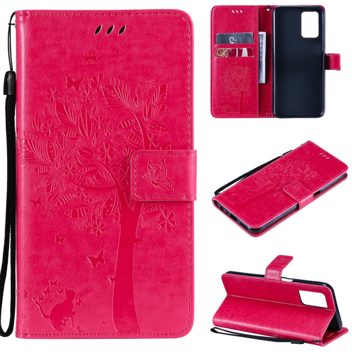 Estuche de cuero de PU con tapa horizontal con estampado prensado de patrón de árbol y gato con soporte y ranuras para tarjetas y billetera y cordón, For LG Stylo 7 5G / 4G, For OPPO F19 / A74 4G, For OPPO A93 5G / A74 5G                               ...