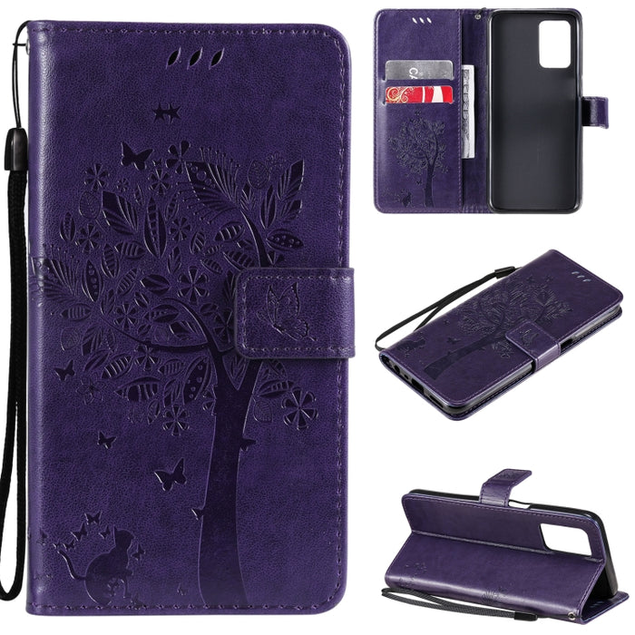 Estuche de cuero de PU con tapa horizontal con estampado prensado de patrón de árbol y gato con soporte y ranuras para tarjetas y billetera y cordón, For LG Stylo 7 5G / 4G, For OPPO F19 / A74 4G, For OPPO A93 5G / A74 5G                               ...