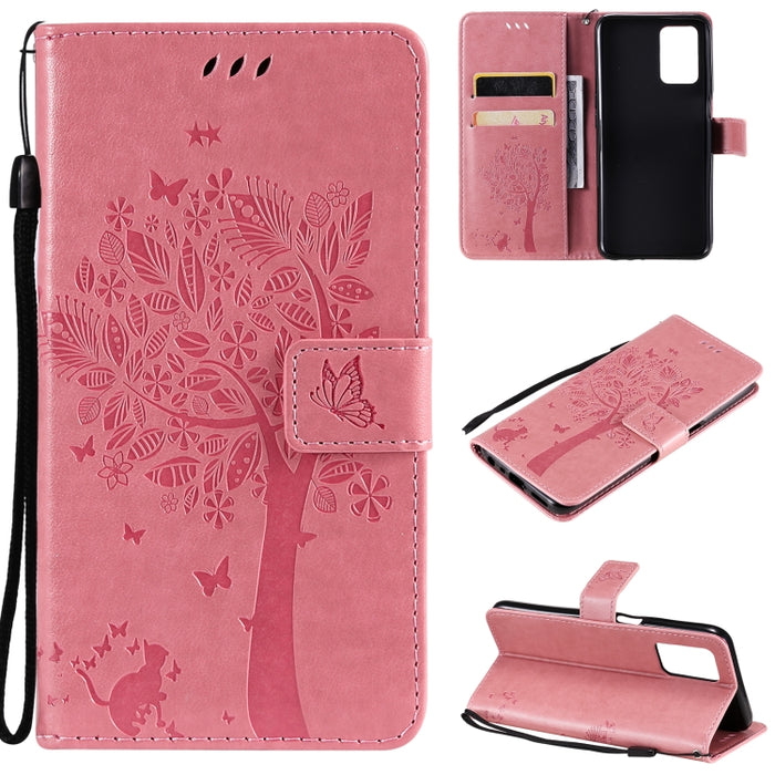 Estuche de cuero de PU con tapa horizontal con estampado prensado de patrón de árbol y gato con soporte y ranuras para tarjetas y billetera y cordón, For LG Stylo 7 5G / 4G, For OPPO F19 / A74 4G, For OPPO A93 5G / A74 5G                               ...