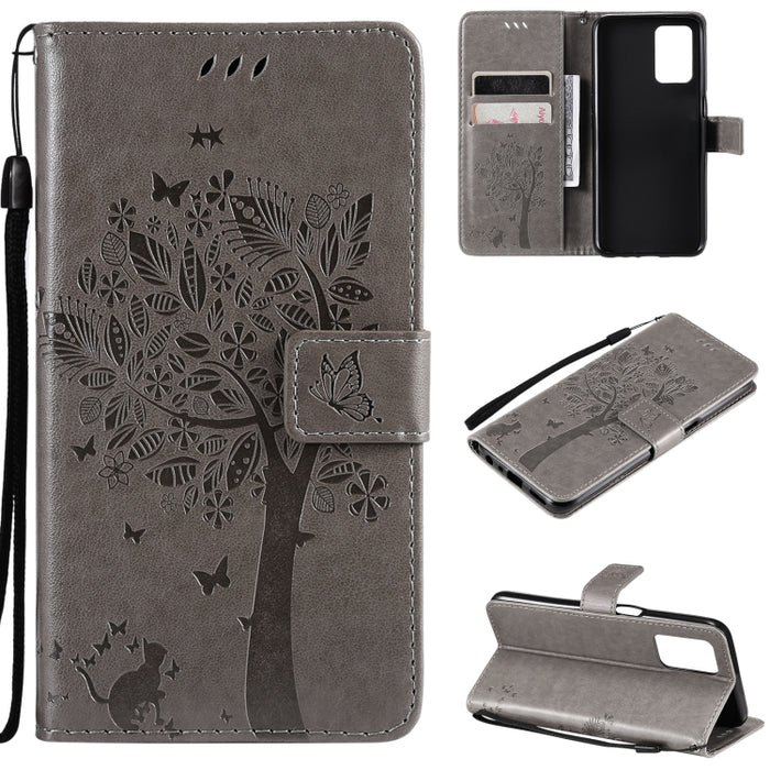 Estuche de cuero de PU con tapa horizontal con estampado prensado de patrón de árbol y gato con soporte y ranuras para tarjetas y billetera y cordón, For LG Stylo 7 5G / 4G, For OPPO F19 / A74 4G, For OPPO A93 5G / A74 5G                               ...
