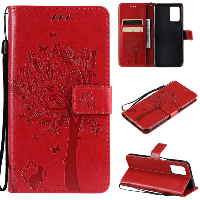 Estuche de cuero de PU con tapa horizontal con estampado prensado de patrón de árbol y gato con soporte y ranuras para tarjetas y billetera y cordón, For LG Stylo 7 5G / 4G, For OPPO F19 / A74 4G, For OPPO A93 5G / A74 5G                               ...