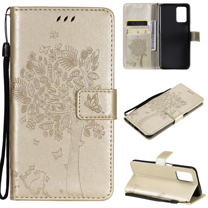 Estuche de cuero de PU con tapa horizontal con estampado prensado de patrón de árbol y gato con soporte y ranuras para tarjetas y billetera y cordón, For LG Stylo 7 5G / 4G, For OPPO F19 / A74 4G, For OPPO A93 5G / A74 5G                               ...