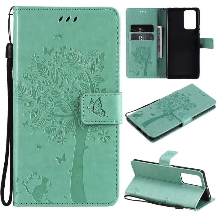 Estuche de cuero de PU con tapa horizontal con estampado prensado de patrón de árbol y gato con soporte y ranuras para tarjetas y billetera y cordón, For Xiaomi Redmi Note 10 4G, For Xiaomi Redmi Note 10 Pro, For Samsung Galaxy A32 4G                  ...