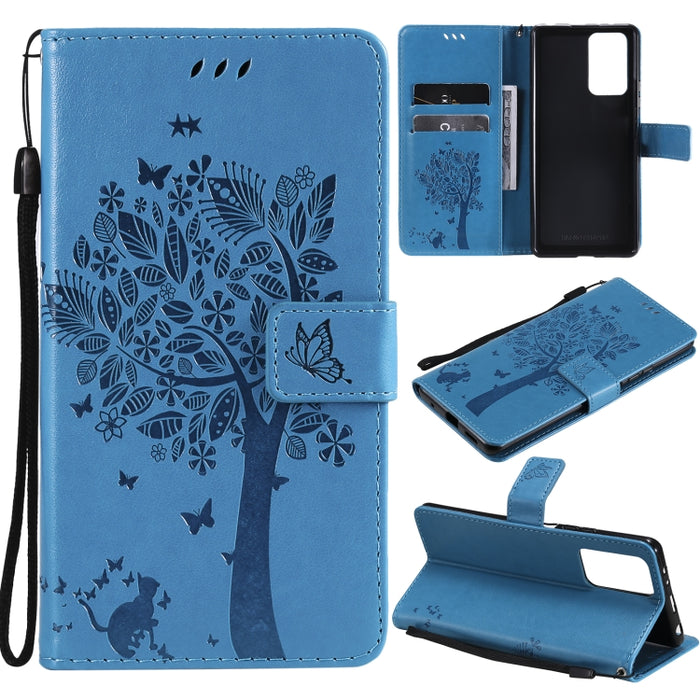 Estuche de cuero de PU con tapa horizontal con estampado prensado de patrón de árbol y gato con soporte y ranuras para tarjetas y billetera y cordón, For Xiaomi Redmi Note 10 4G, For Xiaomi Redmi Note 10 Pro, For Samsung Galaxy A32 4G                  ...