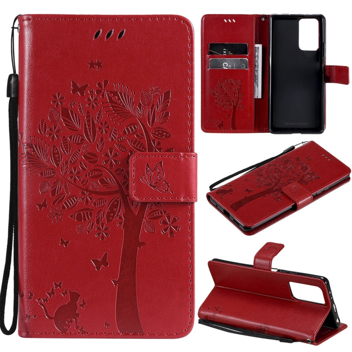 Estuche de cuero de PU con tapa horizontal con estampado prensado de patrón de árbol y gato con soporte y ranuras para tarjetas y billetera y cordón, For Xiaomi Redmi Note 10 4G, For Xiaomi Redmi Note 10 Pro, For Samsung Galaxy A32 4G                  ...