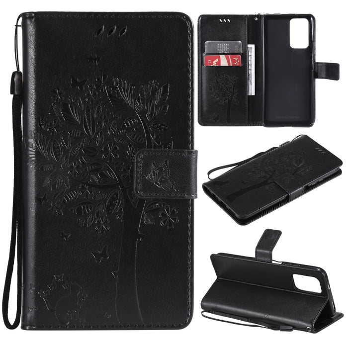 Estuche de cuero de PU con tapa horizontal con estampado prensado de patrón de árbol y gato con soporte y ranuras para tarjetas y billetera y cordón, For Xiaomi Redmi Note 10 4G, For Xiaomi Redmi Note 10 Pro, For Samsung Galaxy A32 4G                  ...